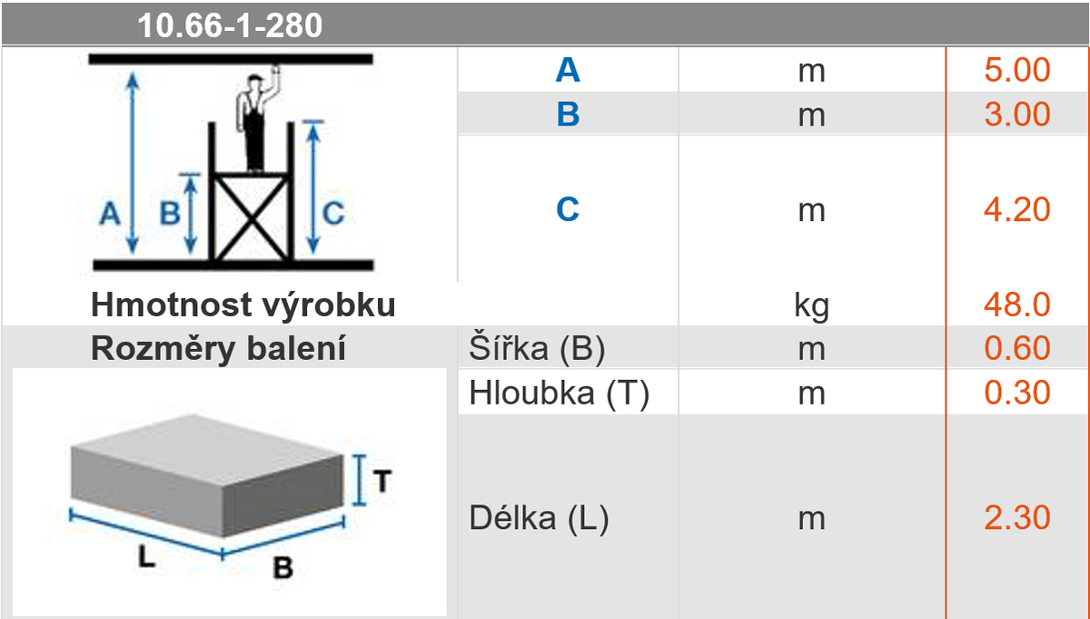 10.66-1-280 plošina pracovní Al 395x130x60 cm, prac. výška 2,8-5,0 m